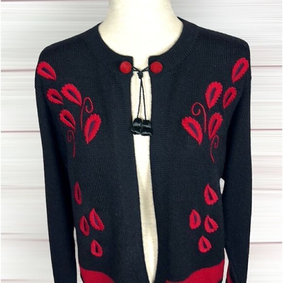 Alpaca Style Artesanias A.T. 100% Alpaca Cardigan Black Red Embroidery Tie Neck - Picture 2 of 12